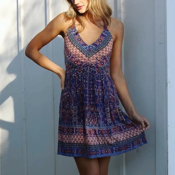 ANGIE Halter Top Boho Hippie Mini Dress - Picture 3 of 6
